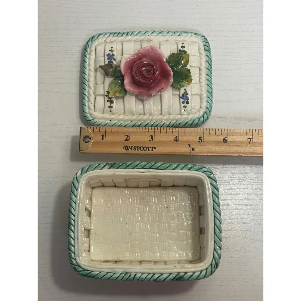 Vintage Italy Ceramic Rose Basket‎ Trinket Box Hand Painted Cottagecore Decor